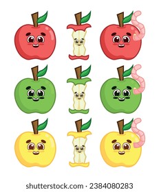 Set of smiling apples in different colors. Whole, bitten, and with a worm.