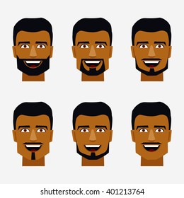 Set of smiling arab man head icons with beards and mustaches.