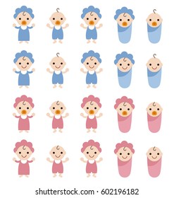 Set of smiling babies with blue and pink clothes