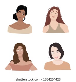 Set of smiling beautiful girls. Vector flat illustration on a white background for the design of materials about cosmetics, skin, personal care. Portraits of girls of different types of appearance.