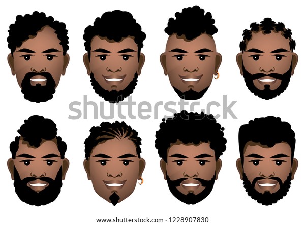 Set Smiling Black Mens Faces Different Stock Vektorgrafik