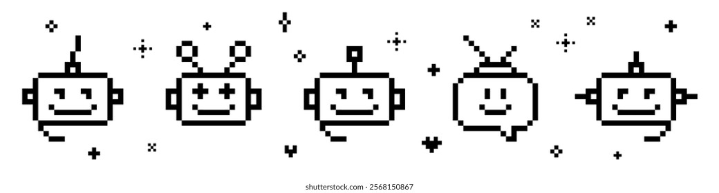 A set of smiling bot pixel art icon. Robot head support service pattern. Cute chatbot 8 bit emoji. Vintage retro sticker. Editable pixel vector illustration. Game abstract element. Y2k geometric shape