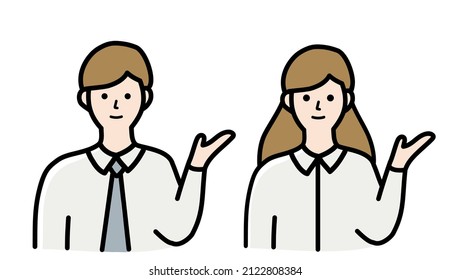 Set of smiling Businessman and Businesswoman raising hands, introducing politely. Office meeting, presentation, product selling concept. Vector illustration isolated on white background.