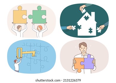 Set of smiling businesspeople connect jigsaw puzzles find solution to business problem or dilemma. Collection of happy people find answer or key to trouble or issue. Flat vector illustration. 