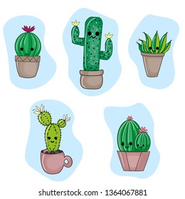 Set of smiling cartoon cacti in pot. Vector illustration.