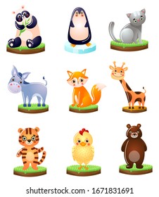 Set of smiling cartoon funny animals vector illustration