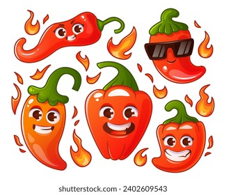 Set of smiling cartoon red pepper characters on a white background.