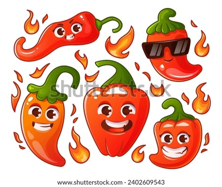 Set of smiling cartoon red pepper characters on a white background.