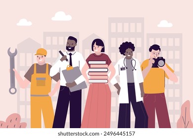 Set of smiling characters different professions. Portrait of professionals in various specialists on city background. Gender equality. Doctor, manager, repairman and others. flat vector illustration