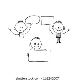 a set of smiling cheerful characters that hold various empty signs. Simple Sticks figures, Doodle illustration. vector