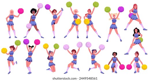 Set of smiling cheerleader girls with pompoms in different poses flat style, vector illustration isolated on white background. Decorative design elements collection, sport and activity