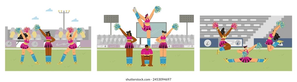 Set of smiling cheerleaders at stadium flat style, vector illustration isolated on white background. Decorative scenes, sport and activity, lifestyle. Characters in uniforms with pompoms