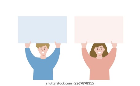 Set of Smiling Children holding blank placard. Boy and girl rising empty banner for text. Flat people vector design isolated illustration.