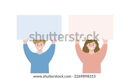 Set of Smiling Children holding blank placard. Boy and girl rising empty banner for text. Flat people vector design isolated illustration.
