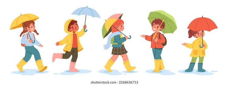 Set of smiling children walking under umbrella. Happy little boys and girls go to school in puddles in rainy weather. Autumn season or fall. Cartoon flat vector collection isolated on white background