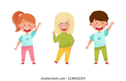 Set of smiling children waving their hands. Cheerful kids standing with hand raised cartoon vector illustration