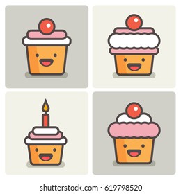 Set of Smiling Cupcake Illustrations in Flat Line Style Design