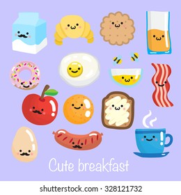 Set of smiling cute breakfast food. Vector illustration.