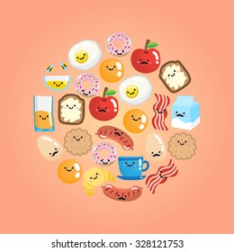 Set of smiling cute breakfast food in a circle shape. Vector illustration