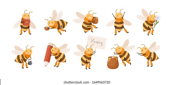 Set of smiling cute cartoon bee character isolated on white background. Collection of funny insect holding honey, book, pencil and flowers vector graphic illustration. Bundle of positive flying bug