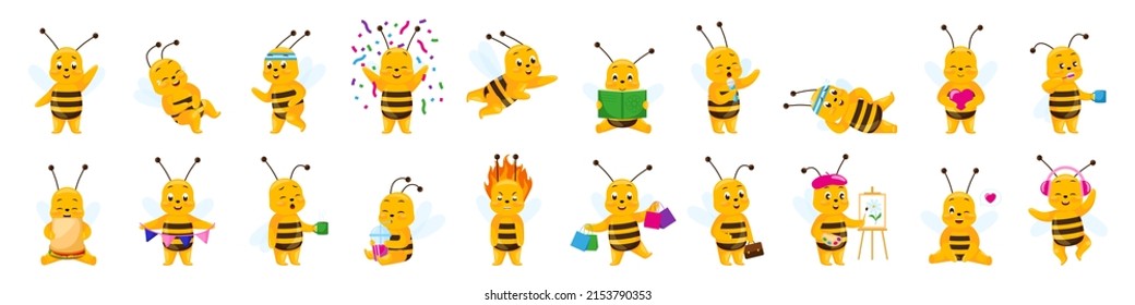 Juego de caricaturas lindas y sonrientes, personajes de abejas aislados de fondo blanco. Colección de risas de insectos divertidos, somnolencia, comer, cantar, comprar, guiñar, leer. Paquetes de bichos.