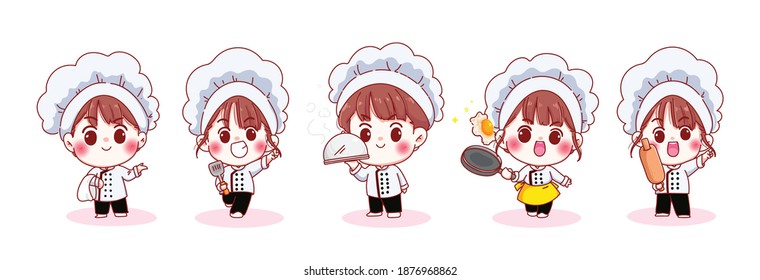 Juego de un bonito y sonriente chef con diferentes posturas ilustración de dibujos animados Premium Vector