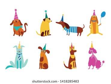 A set of smiling cute festive dogs of different breeds in cones hats for a dog party or birthday. Set of happy characters for a dog party, vector isolated illustration in flat cartoon style.