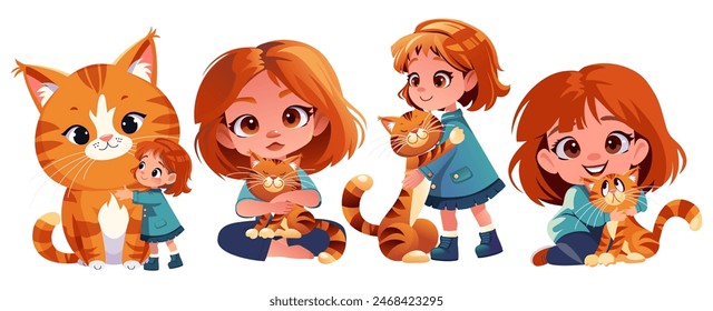 Set of smiling cute girl kid hugging happy big ginger tabby cat. Cartoon flat vector illustration