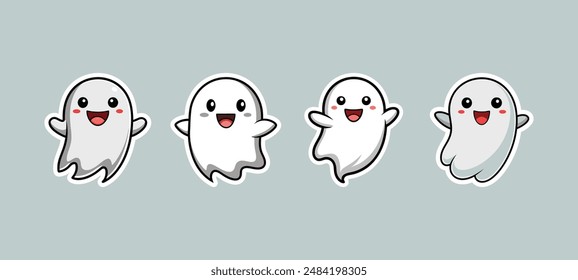 Set of smiling cute kawaii ghost stickers. Funny stickers. Vector illustration