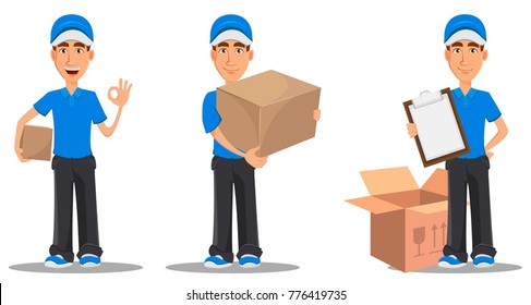 Set of smiling delivery man in blue uniform holding clipboard, holding small and big carton boxes. Vector illustration on white background. 