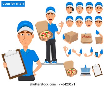 Set of smiling delivery man in blue uniform, construction set with various emotions, body parts and things. Vector illustration on white background. 