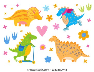 Set of smiling dinosaurs and flowers. Cute animals. Vector background. Isolated hand drawn illustration. Funny character for kids. Pencil texture.