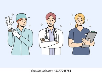 Set of smiling diverse doctors in uniform ready to give good quality medical service to patients. Collection portrait of happy nurse and surgeon in clinic or hospital. Medicine. Vector illustration. 