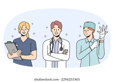 Set of smiling diverse doctors in uniform ready to give good quality medical service to patients. Collection portrait of happy nurse and surgeon in clinic or hospital. Medicine. Vector illustration.