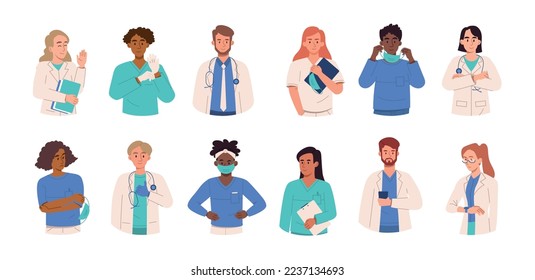 Set of smiling doctors. Collection of graphic elements for website. Specialists and professionals. Men and women wearing masks. Cartoon flat vector illustrations isolated on white background