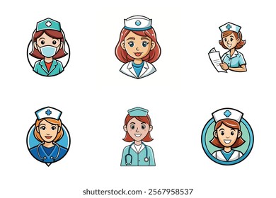 Set of smiling doctors and nurses logo in uniform with stethoscopes, masks and gloves. Flat cartoon vector icon illustration isolated on white background
