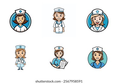 Set of smiling doctors and nurses logo in uniform with stethoscopes, masks and gloves. Flat cartoon vector icon illustration isolated on white background
