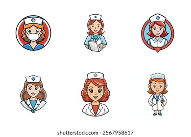 Set of smiling doctors and nurses logo in uniform with stethoscopes, masks and gloves. Flat cartoon vector icon illustration isolated on white background
