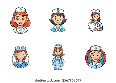 Set of smiling doctors and nurses logo in uniform with stethoscopes, masks and gloves. Flat cartoon vector icon illustration isolated on white background
