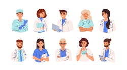 Set Of Smiling Doctors, Nurses And Paramedics. Portraits Of Male And Female Medic Workers In Uniform With Stethoscopes, Masks And Gloves. Flat Cartoon Vector Illustration Isolated On White Background