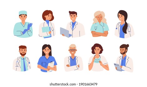 Set of smiling doctors, nurses and paramedics. Portraits of male and female medic workers in uniform with stethoscopes, masks and gloves. Flat cartoon vector illustration isolated on white background
