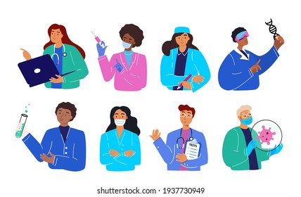 Set of smiling doctors, nurses and paramedics. Portraits of male and female medic workers in uniform with stethoscopes, masks and gloves. Flat cartoon vector illustration isolated on white background