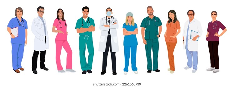 Set of smiling doctors, nurses, paramedics. Vector illustrations isolated.