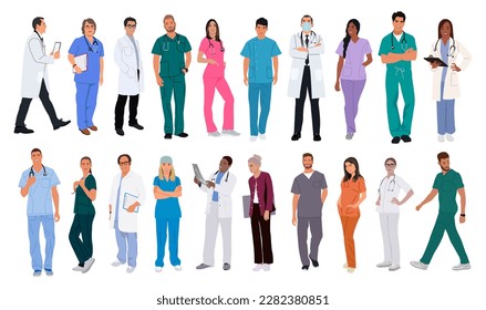 Set of smiling doctors, nurses, paramedics vector.