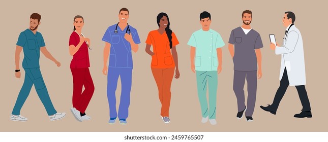 Conjunto de médicos sonrientes, enfermeras, paramédicos. Diferentes médicos y trabajadoras uniformados con estetoscopios caminando. Ilustraciones vectoriales de dibujos animados aisladas sobre fondo neutro. 