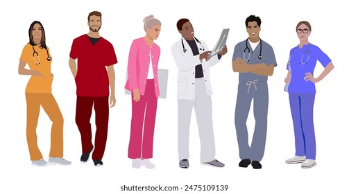 Set of smiling doctors, nurses, paramedics. Different male and female medic workers in uniform with stethoscopes. Flat cartoon vector illustration isolated on white background.