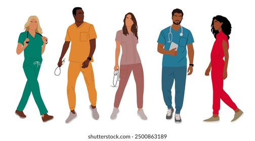 Set of smiling doctors, nurses, paramedics. Different male and female medic workers in uniform with stethoscopes. Flat cartoon vector illustration isolated on white background.