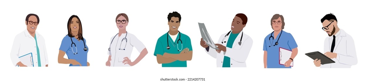 Set of smiling doctors, nurses, radiologist and paramedics. Portraits of male and female medic workers in uniform with stethoscopes. Flat cartoon vector illustration isolated on white background.