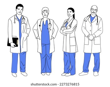 Conjunto de doctores sonrientes, vectores de enfermeras aislados.