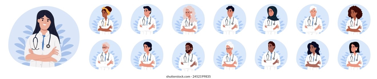 Conjunto de médicos sonrientes, retratos de diferentes tipos de trabajadores médicos de ambos sexos en uniforme con estetoscopios. Diversidad, sociedad multiétnica. Ilustración vectorial aislada sobre fondo blanco